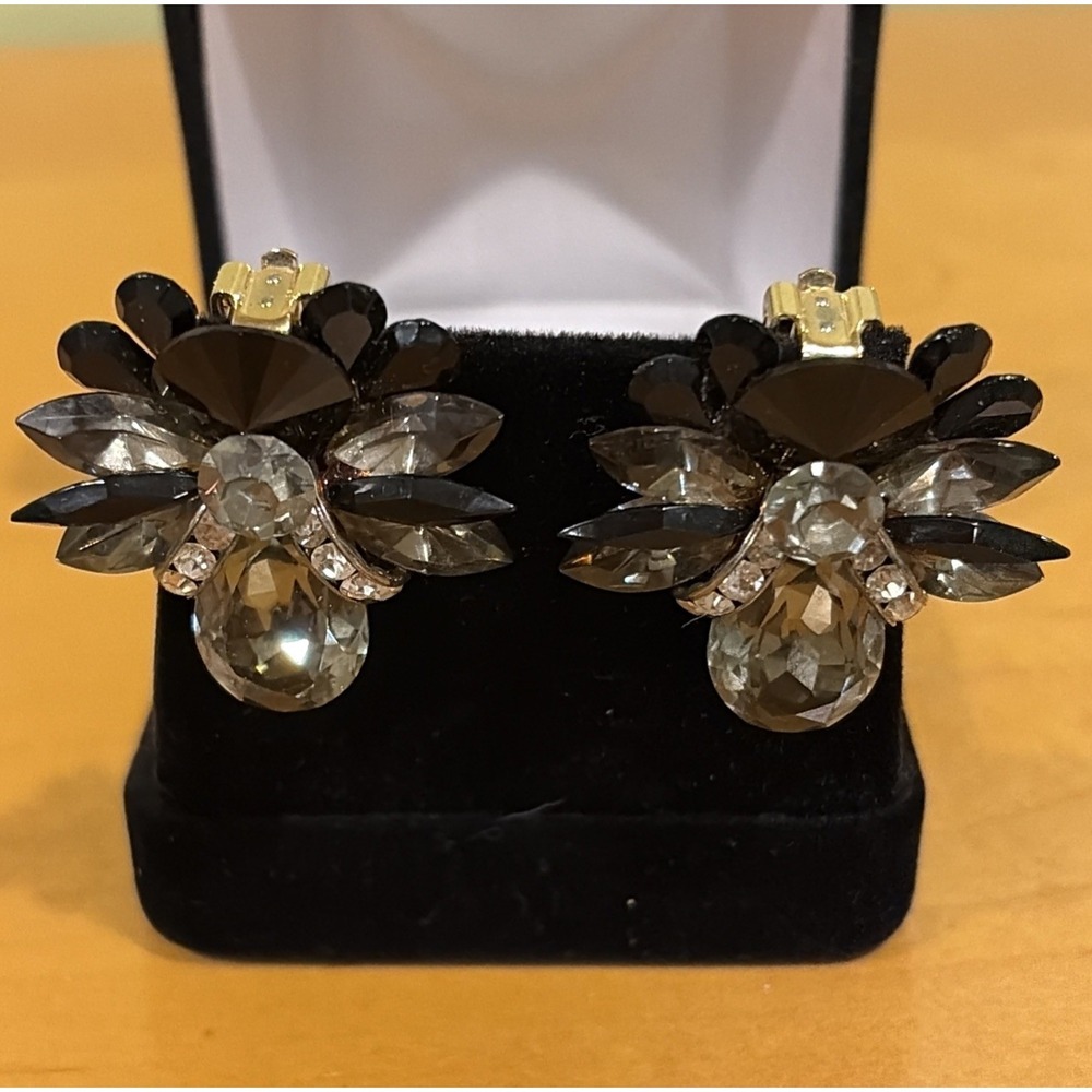 Y2K Black Gray Rhinestone Earrings Silver Tone Clip On EUC